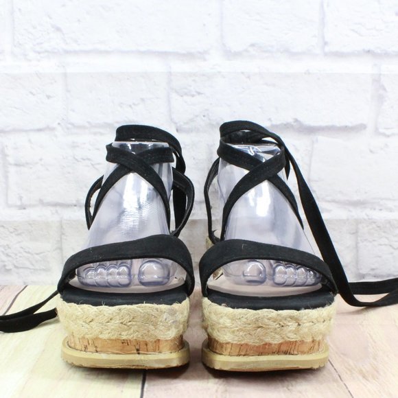 Shuze Black Faux Suede Close Wrap Cork Platform Sandals Size 8 - Picture 4 of 9